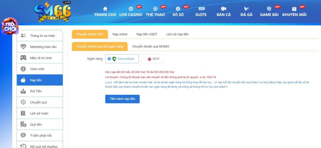 Bước 1: Chọn mục nạp tiền -> Chuyển nhanh 24/7 -> Chuyển khoản qua thẻ ngân hàng