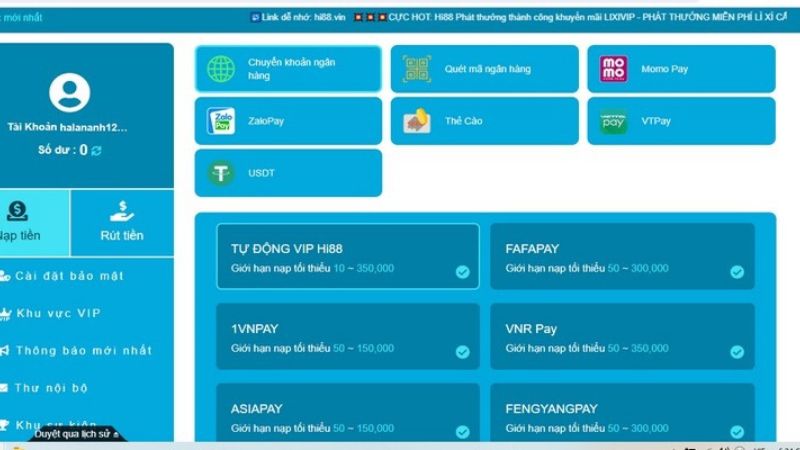 Hệ thống thanh toán tại Hi88 tiện lợi, đơn giản